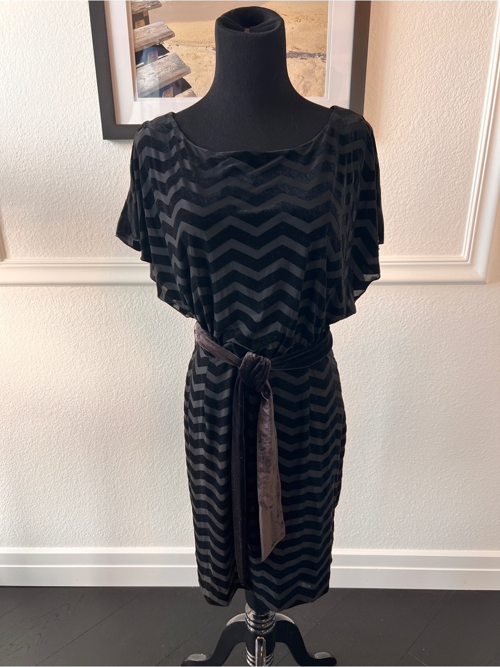 White House Black Market Black Chevron Midi Dress with Velvet Belt